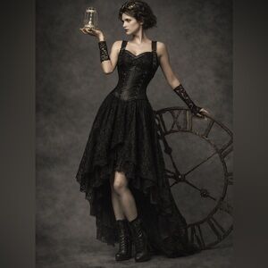 Belle Pogue Steam Punk High Low Lace Faux Leather Corset dress